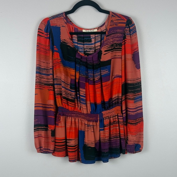 Black Rainn Casual Multicolor Abstract Pleated Front & Back Blouse Size Medium - Picture 2 of 11